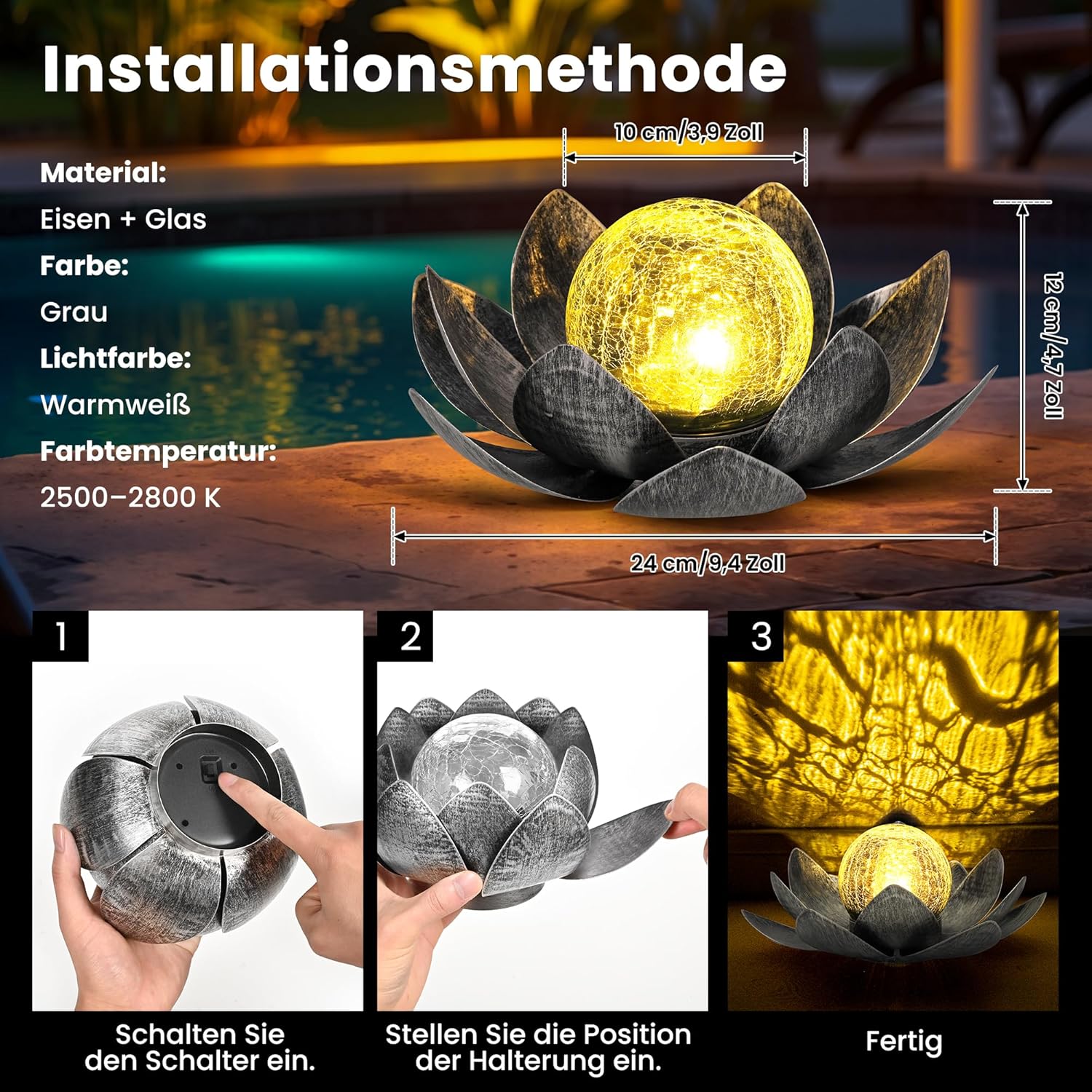 GIGALUMI Solar Lights Outdoor Garden Decoration, Adjustable Metal Petals, Lotus Flower, Glass Lantern, Table Decoration, Waterproof, for Patio (Grey)-4