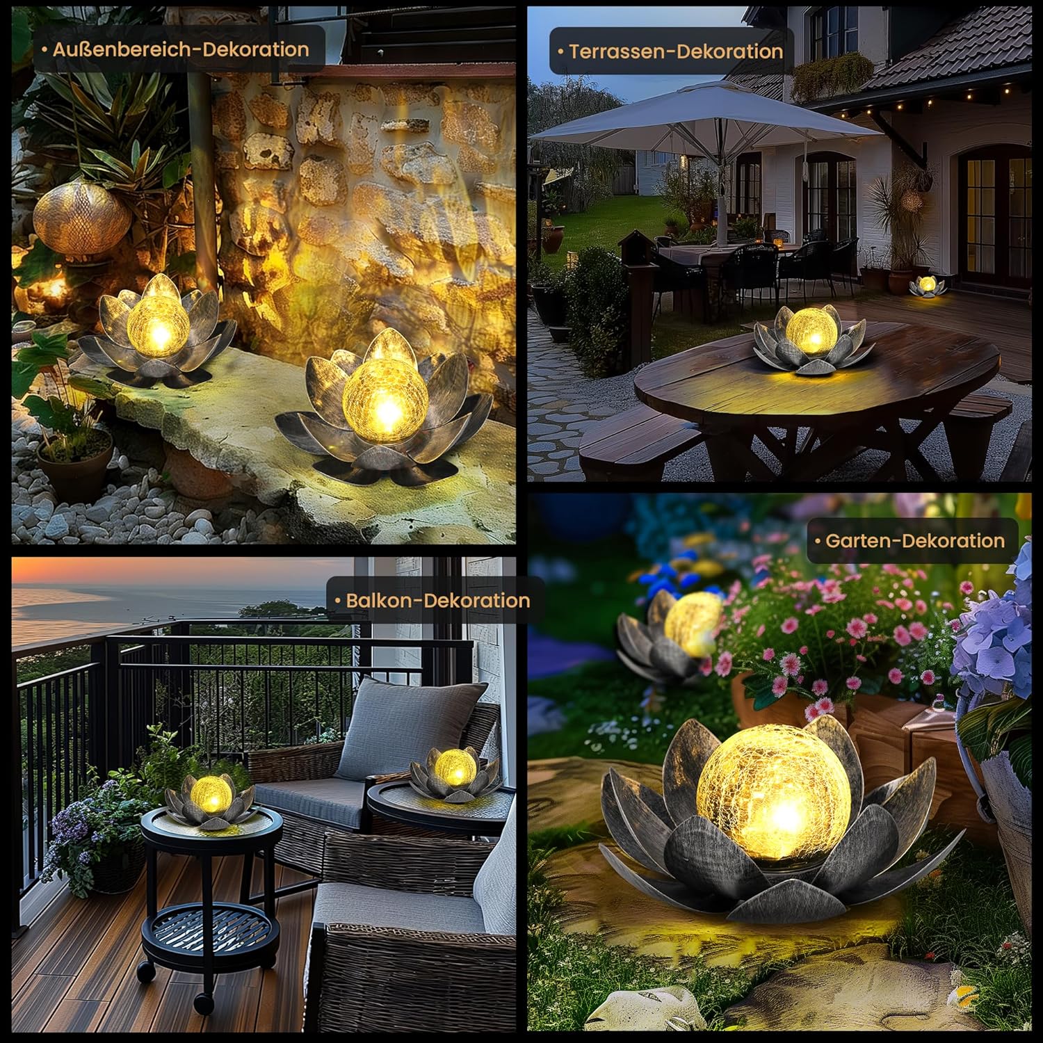 GIGALUMI Solar Lights Outdoor Garden Decoration, Adjustable Metal Petals, Lotus Flower, Glass Lantern, Table Decoration, Waterproof, for Patio (Grey)-3