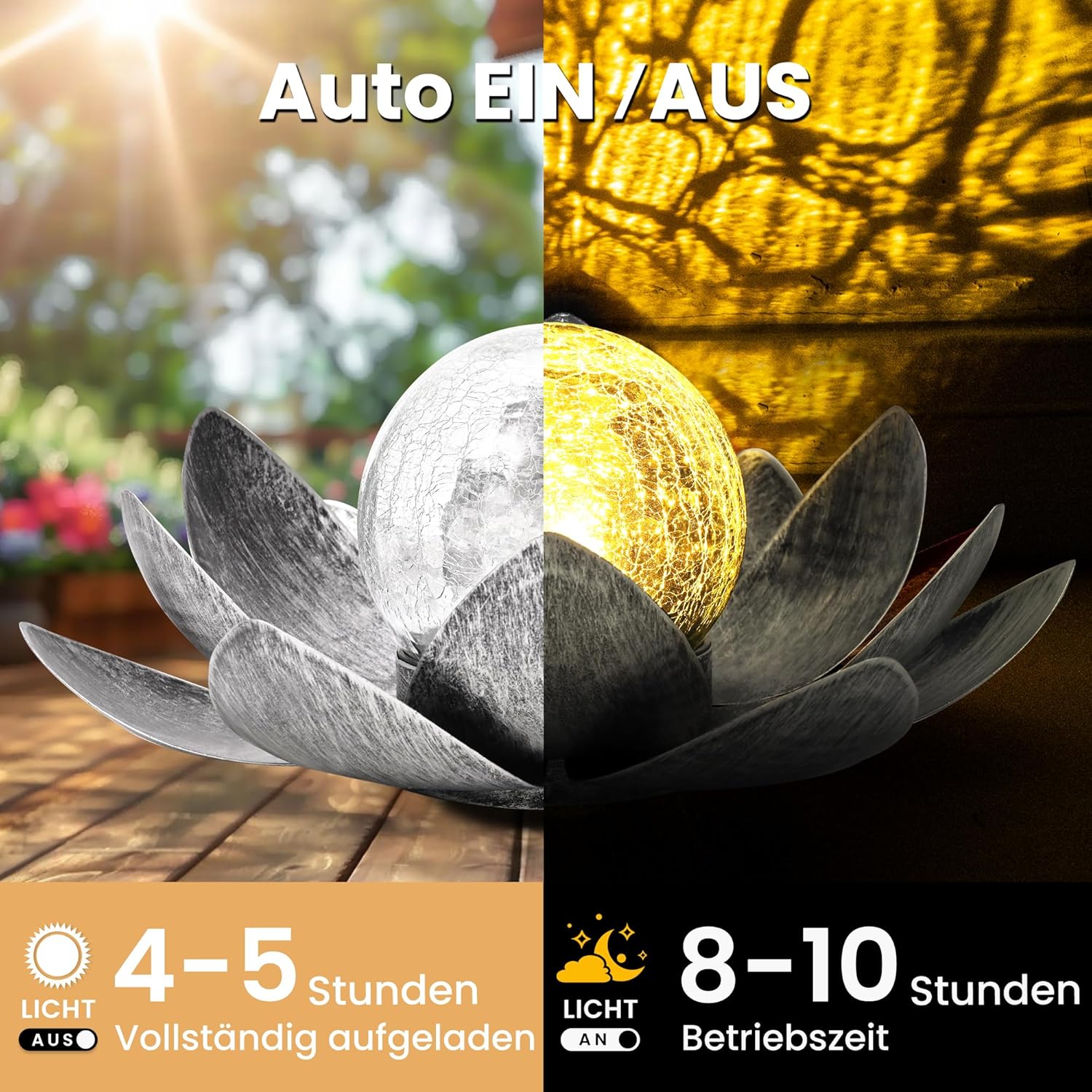GIGALUMI Solar Lights Outdoor Garden Decoration, Adjustable Metal Petals, Lotus Flower, Glass Lantern, Table Decoration, Waterproof, for Patio (Grey)-1