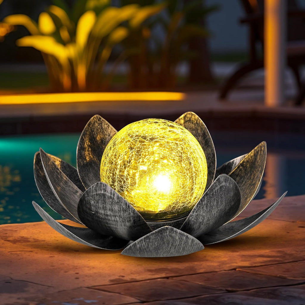 GIGALUMI Solar Lights Outdoor Garden Decoration, Adjustable Metal Petals, Lotus Flower, Glass Lantern, Table Decoration, Waterproof, for Patio (Grey)-0