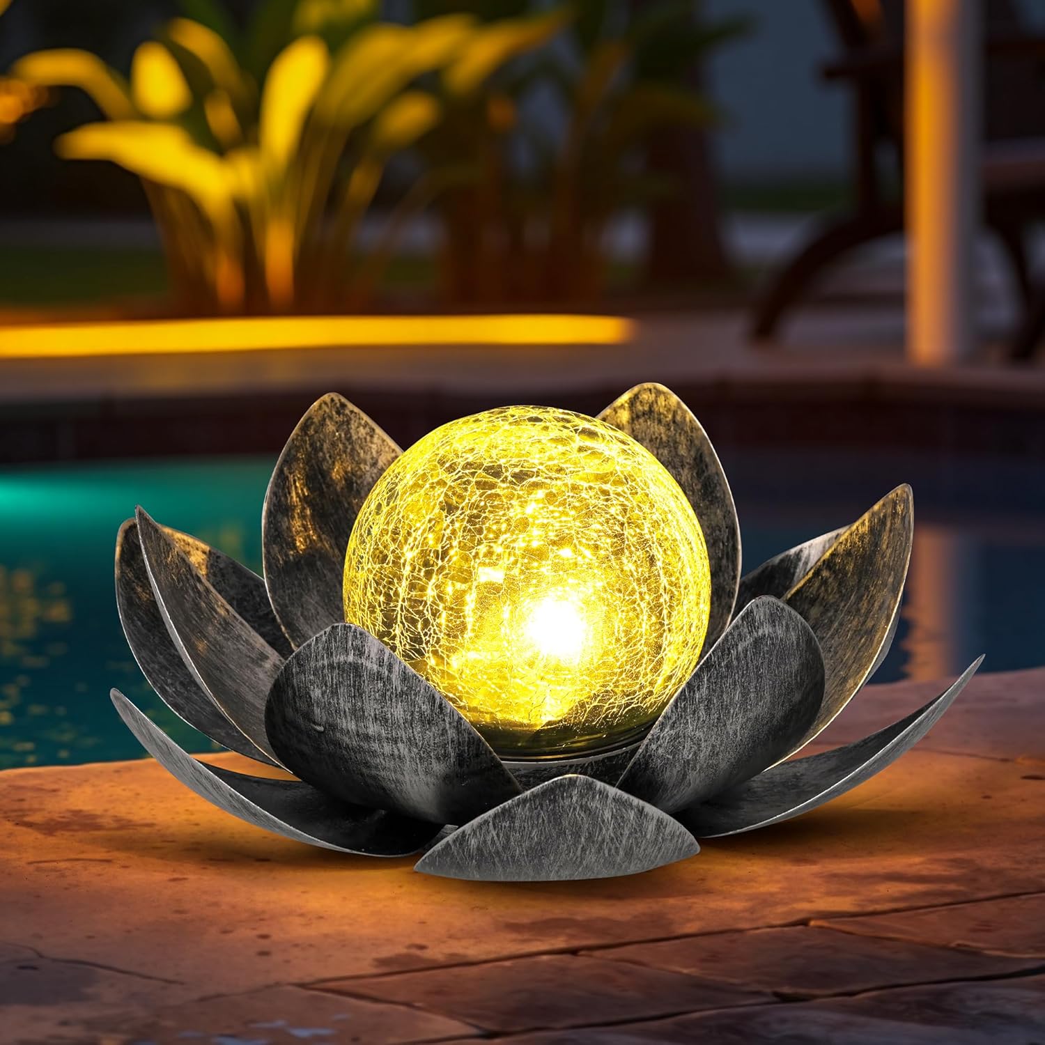 GIGALUMI Solar Lights Outdoor Garden Decoration, Adjustable Metal Petals, Lotus Flower, Glass Lantern, Table Decoration, Waterproof, for Patio (Grey)-0